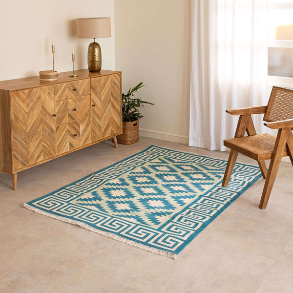 Handmade 100% Cotton Kilim - Inspired Blue Geometric Flatweave Rug - Gahlot International