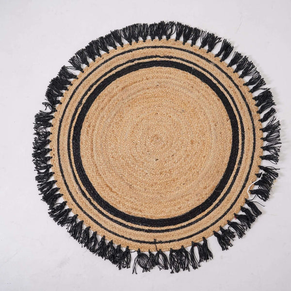 Natural Hemp Round Rug with Black Fringe ¬ Handbraided Accent for Cozy Spaces - Gahlot International