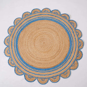 Round Scalloped Hand - Braided Hemp Rug ¬ Natural & White Round Strip Design - Gahlot International