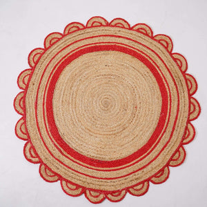 Round Scalloped Hand - Braided Hemp Rug ¬ Natural & White Round Strip Design - Gahlot International