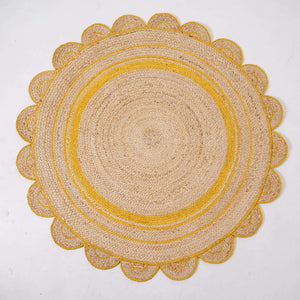 Round Scalloped Hand - Braided Hemp Rug ¬ Natural & White Round Strip Design - Gahlot International