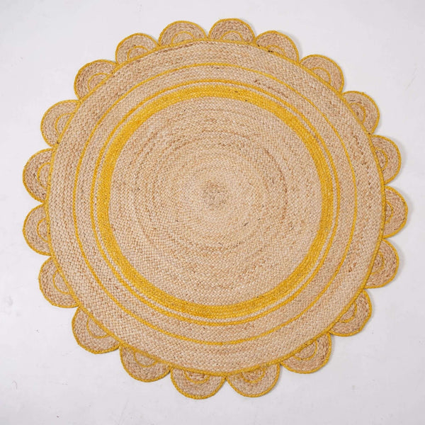 Round Scalloped Hand - Braided Hemp Rug ¬ Natural & White Round Strip Design - Gahlot International