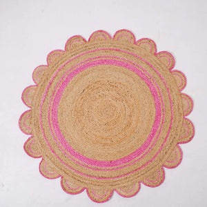 Round Scalloped Hand - Braided Hemp Rug ¬ Natural & White Round Strip Design - Gahlot International