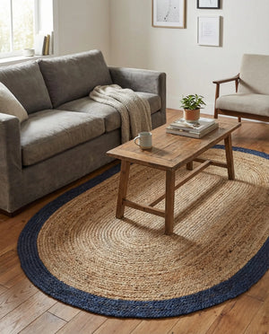 Mustard Yellow Oval Braided Area Rug with Natural Jute Border - Rustic Handmade Style Living Room
