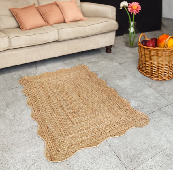 Handmade Scalloped Natural Jute Rug Large Eco-Friendly Braided Fiber Carpet For Living  Room