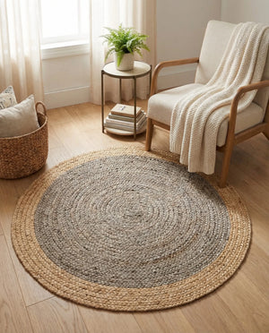 Natural Jute and Grey Braided Round Area Rug - Two- Tone Circular Accent Mat