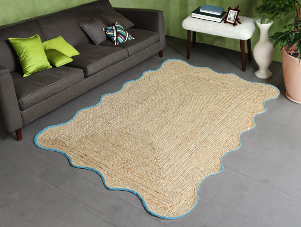 Handmade Scalloped Jute Rug with Light Blue Border Handwoven Wavy Natural Jute Area Rug
