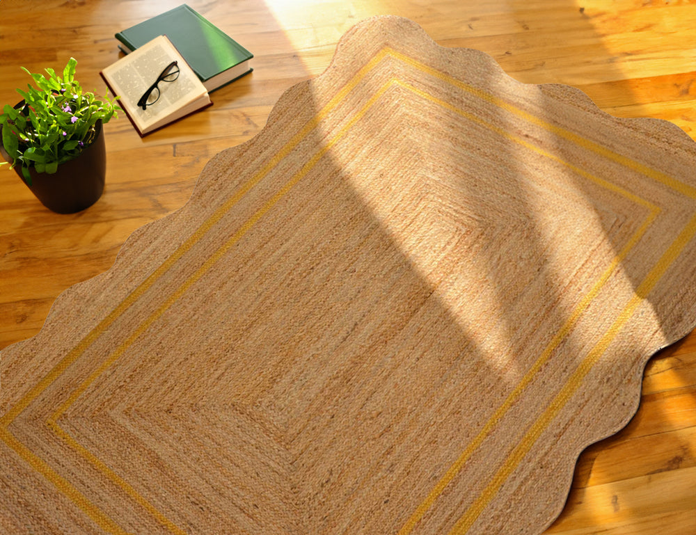 Handwoven Natural Jute Scalloped Rug with Mustard Border Handmade Braided Eco-Friendly Area Rug