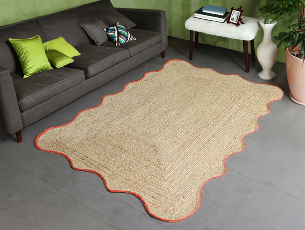 Handmade Scalloped  Jute Area Rug with Terracotta  Red Trim