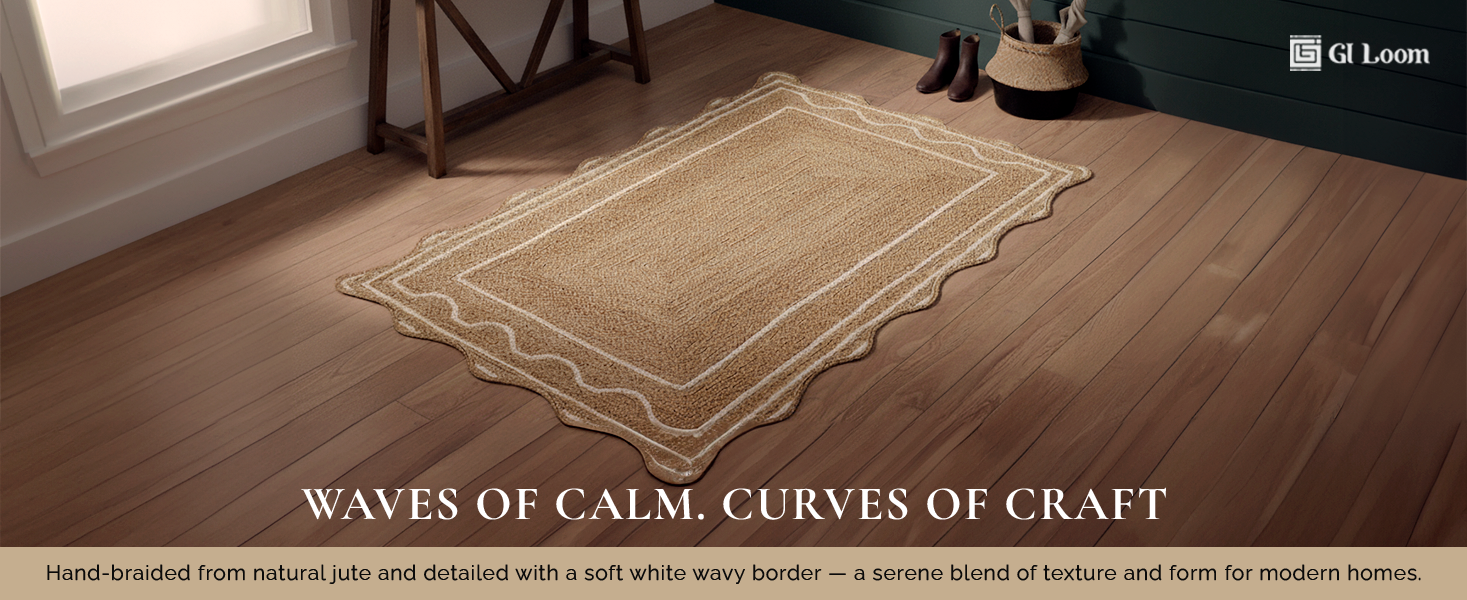 Scalloped Jute Area Rug with White Wavy BorderHandcrained Natural Boho Accent - a1