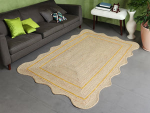 Handwoven Natural Jute Scalloped Rug with Mustard Border Handmade Braided Eco-Friendly Area Rug