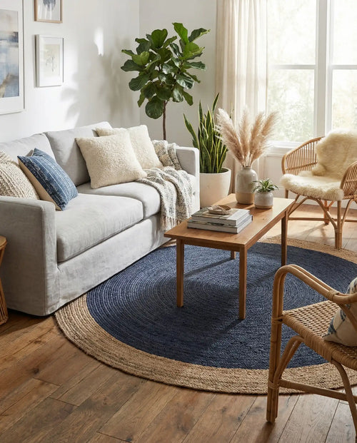 Navy Blue Round Area Rug – Modern Boho Accent for Living Room