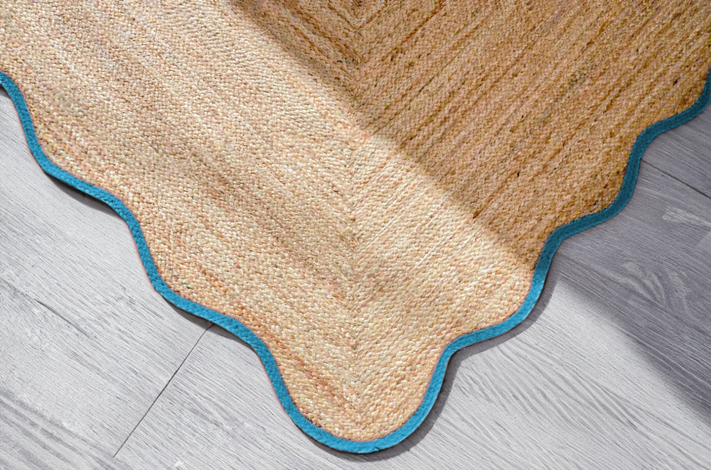 Handmade Scalloped Jute Rug with Light Blue Border Handwoven Wavy Natural Jute Area Rug