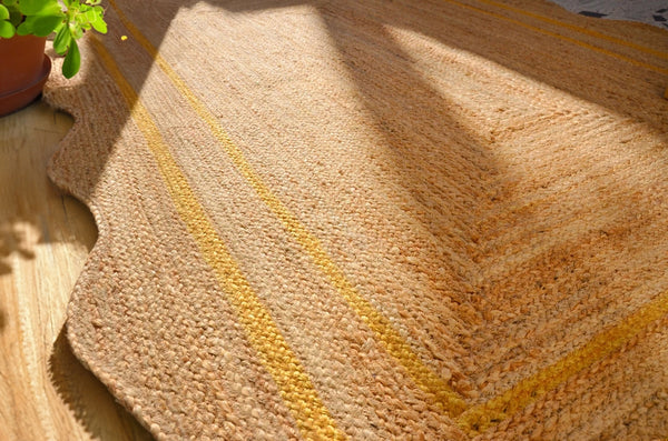 Handwoven Natural Jute Scalloped Rug with Mustard Border Handmade Braided Eco-Friendly Area Rug
