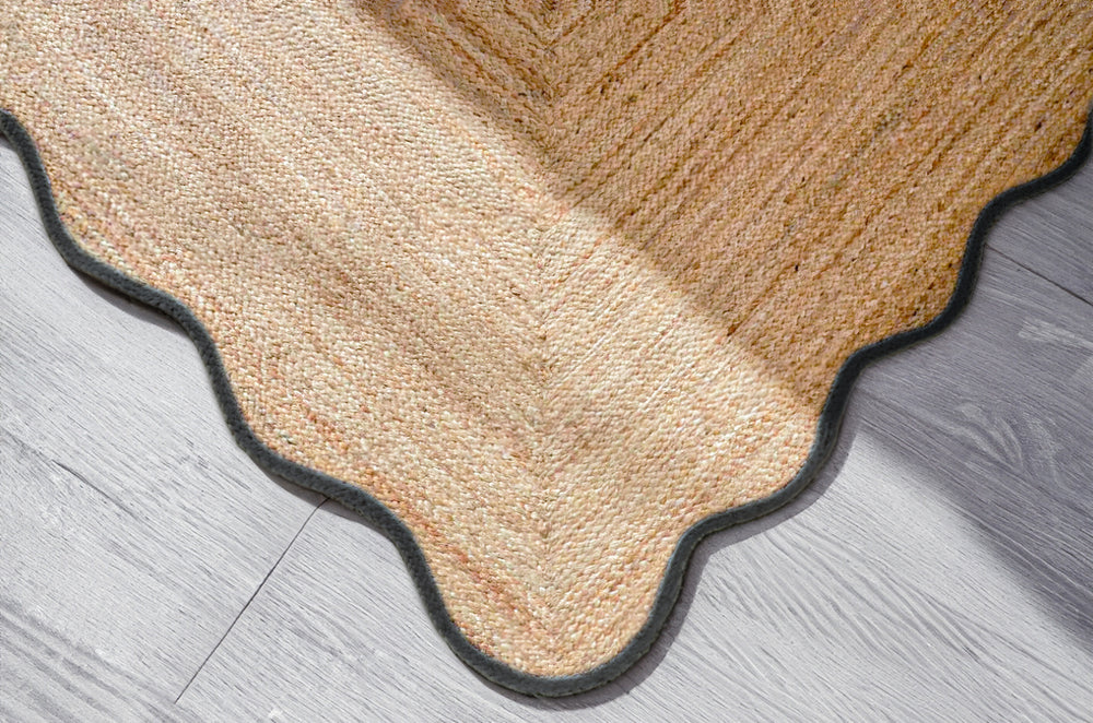 Handmade Scalloped Jute Area Rug with Jet Black Trim Natural Braided Fiber Bordered