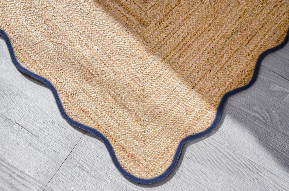 Handmade Scalloped Jute Rug with Blue Border Handwoven Wavy Natural jute Area Rug