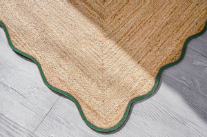Handcrafted Scalloped Jute Area Rug with Forest Green Trim Natural Braided