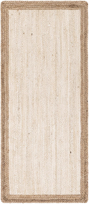 Cream and natural jute runner rug with handwoven texture styled in a bright hallway with wooden flooring and neutral furniture