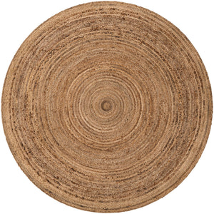 Round handwoven natural jute rug with braided spiral weave design in earthy brown and tan tones for boho rustic home décor.