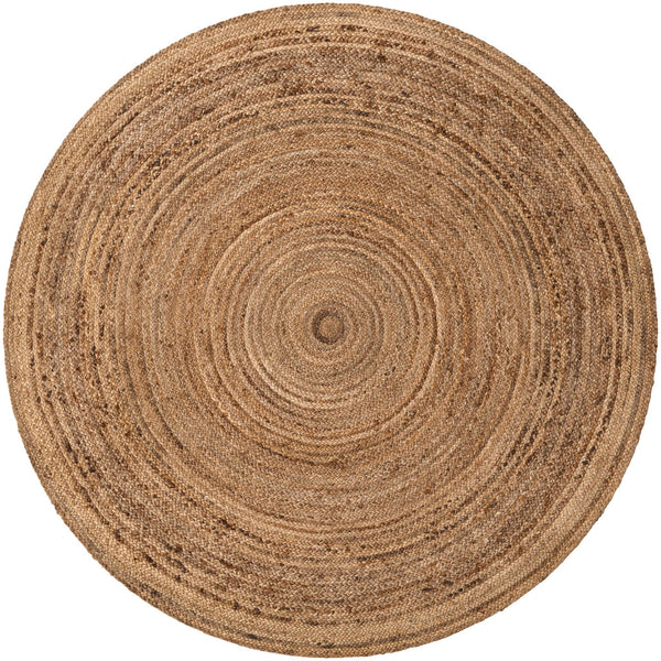 Round handwoven natural jute rug with braided spiral weave design in earthy brown and tan tones for boho rustic home décor.