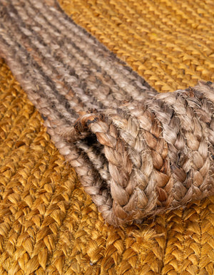 Mustard Yellow Oval Braided Area Rug with Natural Jute Border - Rustic Handmade Style Living Room