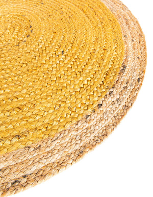 Mustard Yellow Oval Braided Area Rug with Natural Jute Border - Rustic Handmade Style Living Room