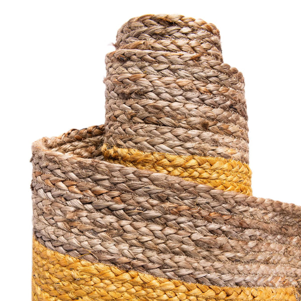 Mustard Yellow Oval Braided Area Rug with Natural Jute Border - Rustic Handmade Style Living Room
