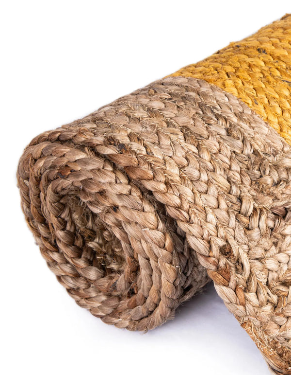 Mustard Yellow Oval Braided Area Rug with Natural Jute Border - Rustic Handmade Style Living Room