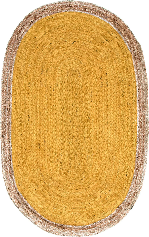 Handwoven oval jute area rug in mustard yellow with a natural beige braided border
