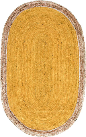 Mustard Yellow Oval Braided Area Rug with Natural Jute Border - Rustic Handmade Style Living Room