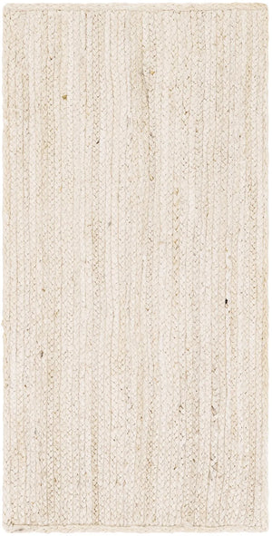 "Handwoven cream and natural jute runner rug laid on a light oak wooden floor in a brightly lit room next to a wooden bench and potted fiddle leaf fig plant."