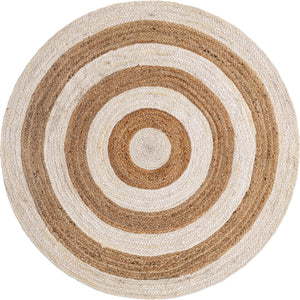 Hand-braided round jute and cotton area rug with alternating concentric natural brown and off-white striped circles.
