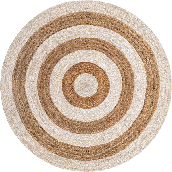 Hand-braided round jute and cotton area rug with alternating concentric natural brown and off-white striped circles.