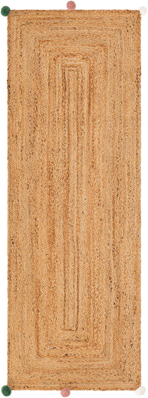 Handwoven natural jute runner rug with colorful pom-pom accents laid in a bright white hallway on light oak flooring