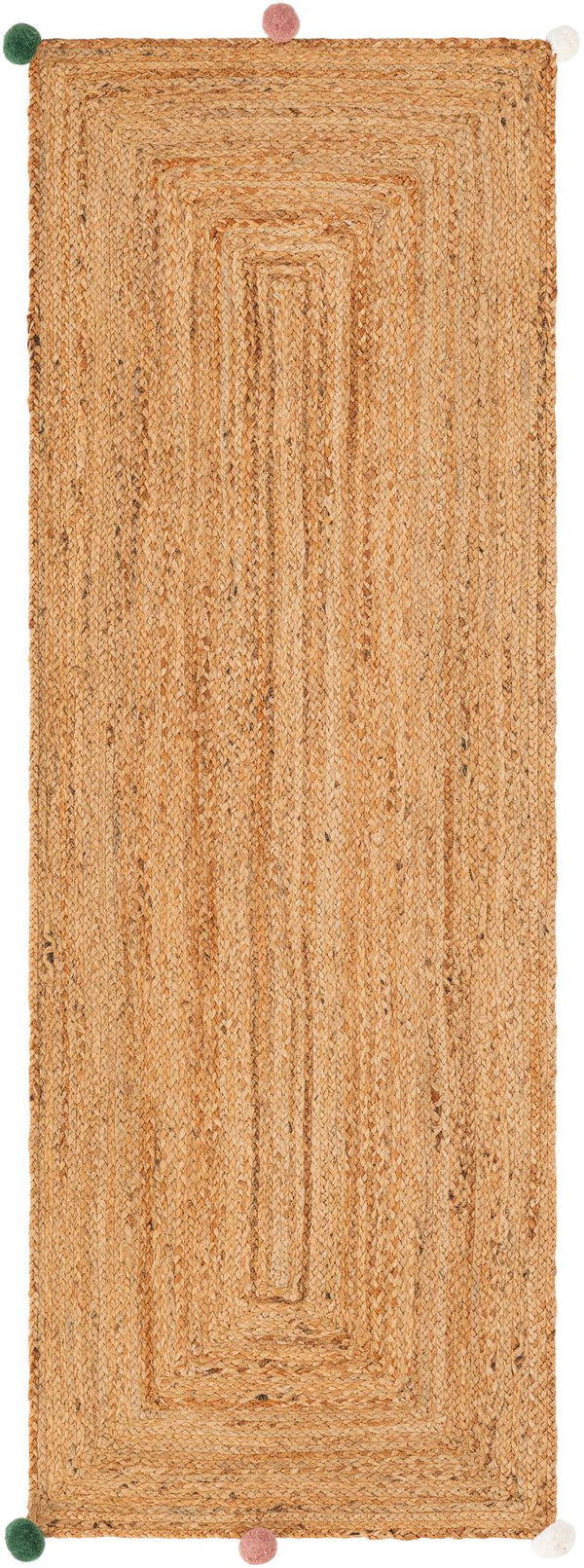Handwoven natural jute runner rug with colorful pom-pom accents laid in a bright white hallway on light oak flooring