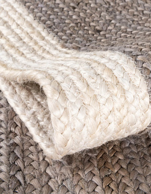 Handmade Oval Jute Area Rug - Braided Natural Fiber Rug with Off-White Border in Grey & Ivory