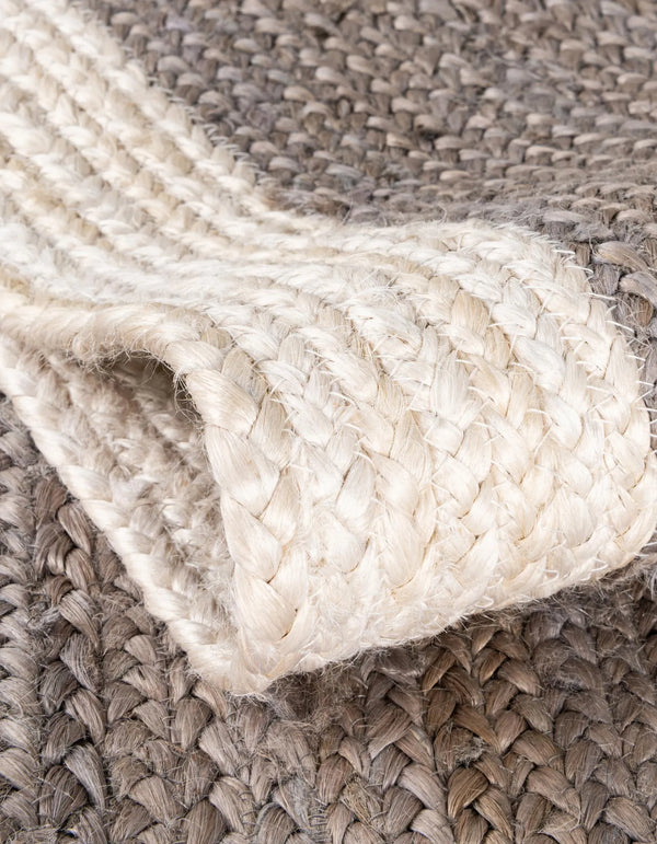 Handmade Oval Jute Area Rug - Braided Natural Fiber Rug with Off-White Border in Grey & Ivory