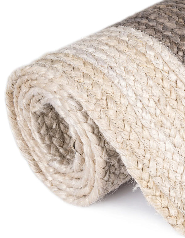 Handmade Oval Jute Area Rug - Braided Natural Fiber Rug with Off-White Border in Grey & Ivory