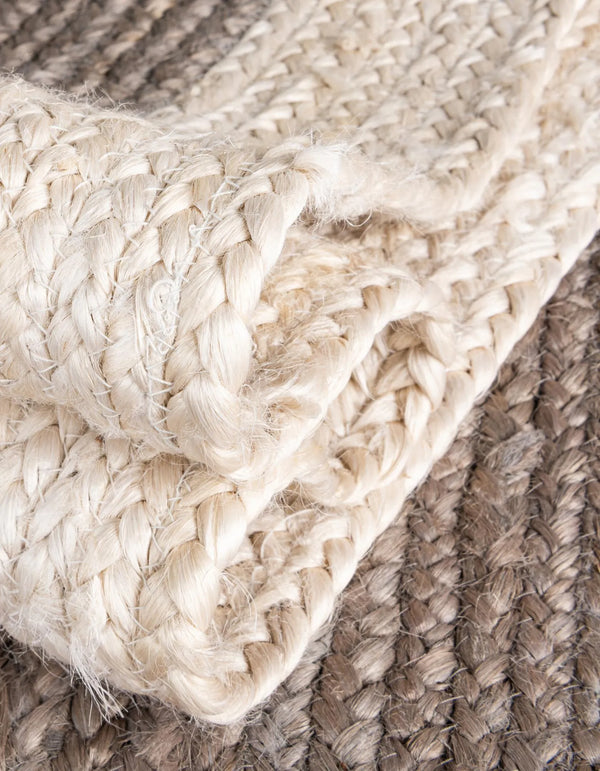 Handmade Oval Jute Area Rug - Braided Natural Fiber Rug with Off-White Border in Grey & Ivory