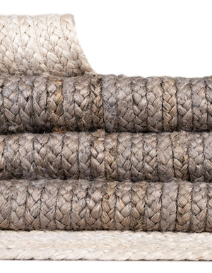 Handmade Oval Jute Area Rug - Braided Natural Fiber Rug with Off-White Border in Grey & Ivory