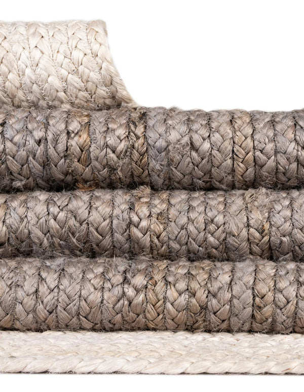 Handmade Oval Jute Area Rug - Braided Natural Fiber Rug with Off-White Border in Grey & Ivory