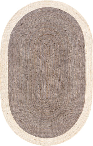 Handmade Oval Jute Area Rug - Braided Natural Fiber Rug with Off-White Border in Grey & Ivory