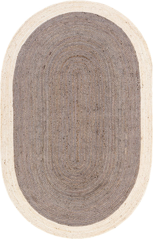 Handmade Oval Jute Area Rug - Braided Natural Fiber Rug with Off-White Border in Grey & Ivory