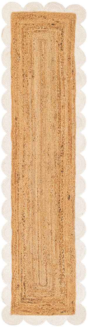 Handwoven natural jute runner rug with a white scalloped braided border