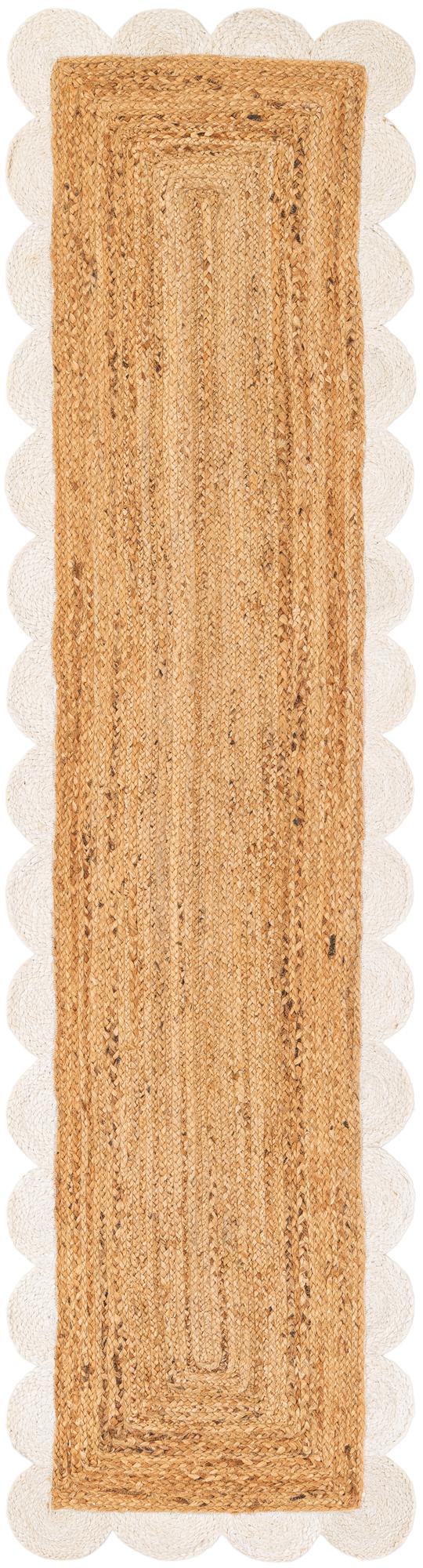 Handwoven natural jute runner rug with a white scalloped braided border