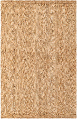 Large rectangular handwoven natural jute area rug with a thick chunky braided weave, styled under a white sofa and a rustic wooden coffee table in a warm minimalist living room.