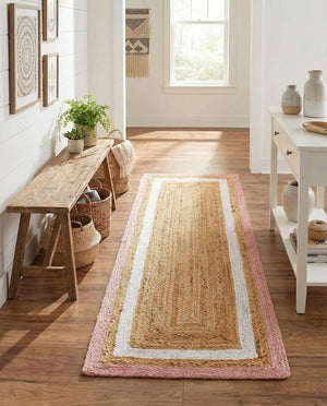 Handwoven Jute Runner Rug Natural Pink & White Border Rug