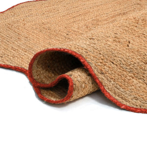 Handmade Scalloped  Jute Area Rug with Terracotta  Red Trim