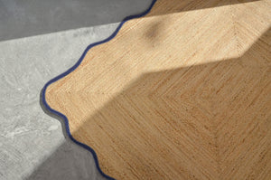 Handmade Scalloped Jute Rug with Blue Border Handwoven Wavy Natural jute Area Rug