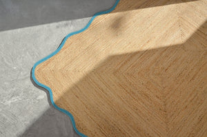 Handmade Scalloped Jute Rug with Light Blue Border Handwoven Wavy Natural Jute Area Rug